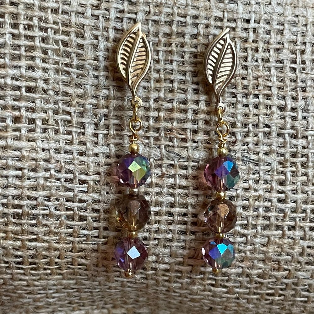Amethyst Crystals Gold Leaf Drop Pierced Artisan Earrings 2” NWOT